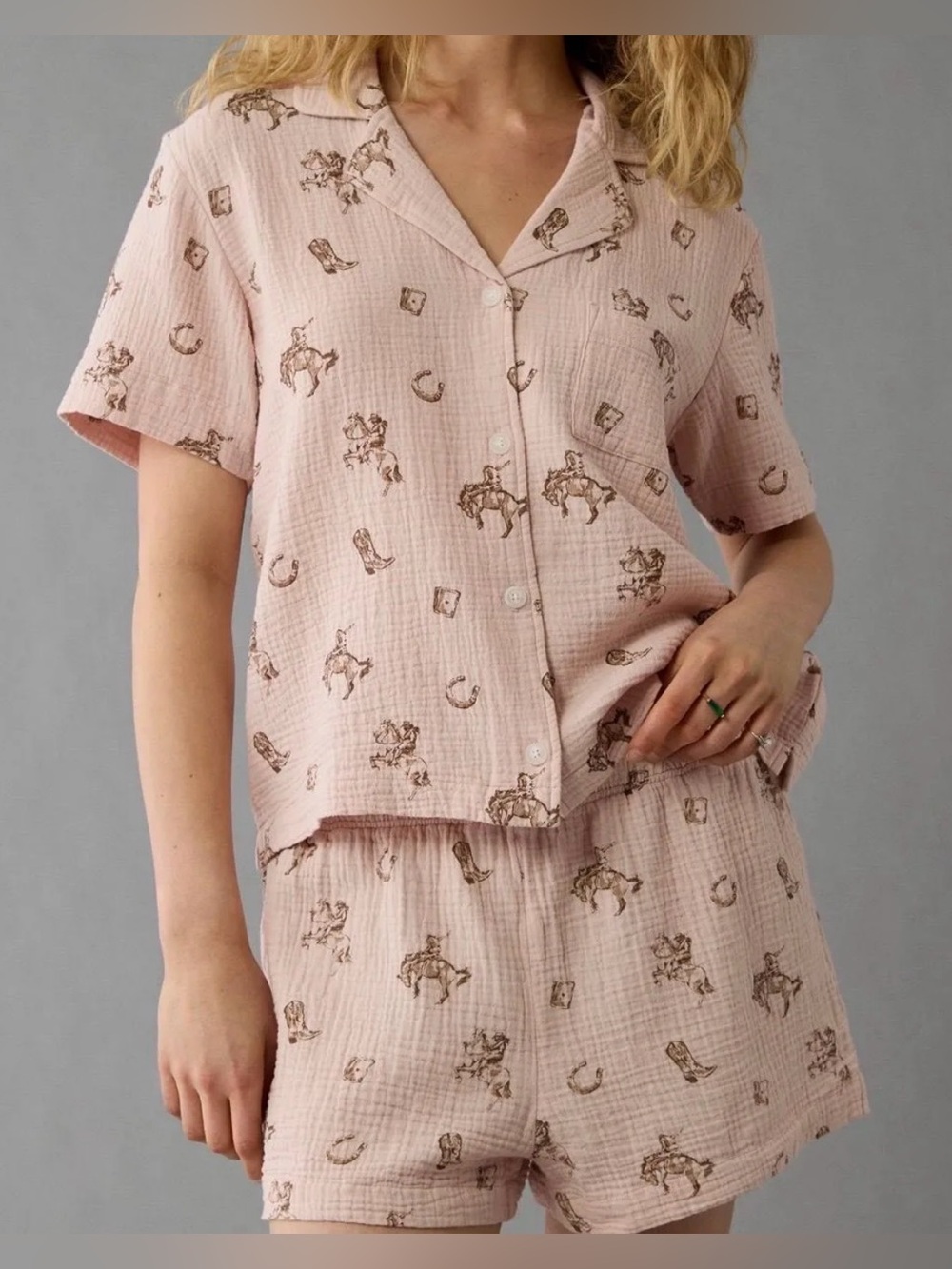 American Eagle AE lounge set Pjs 2 Piece Shorts, Button Up Sz XL Gauze Western